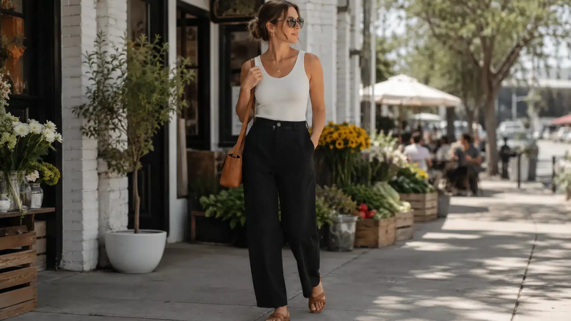 Woman in black linen pants and white tank walking past a sidewalk cafe and flower market