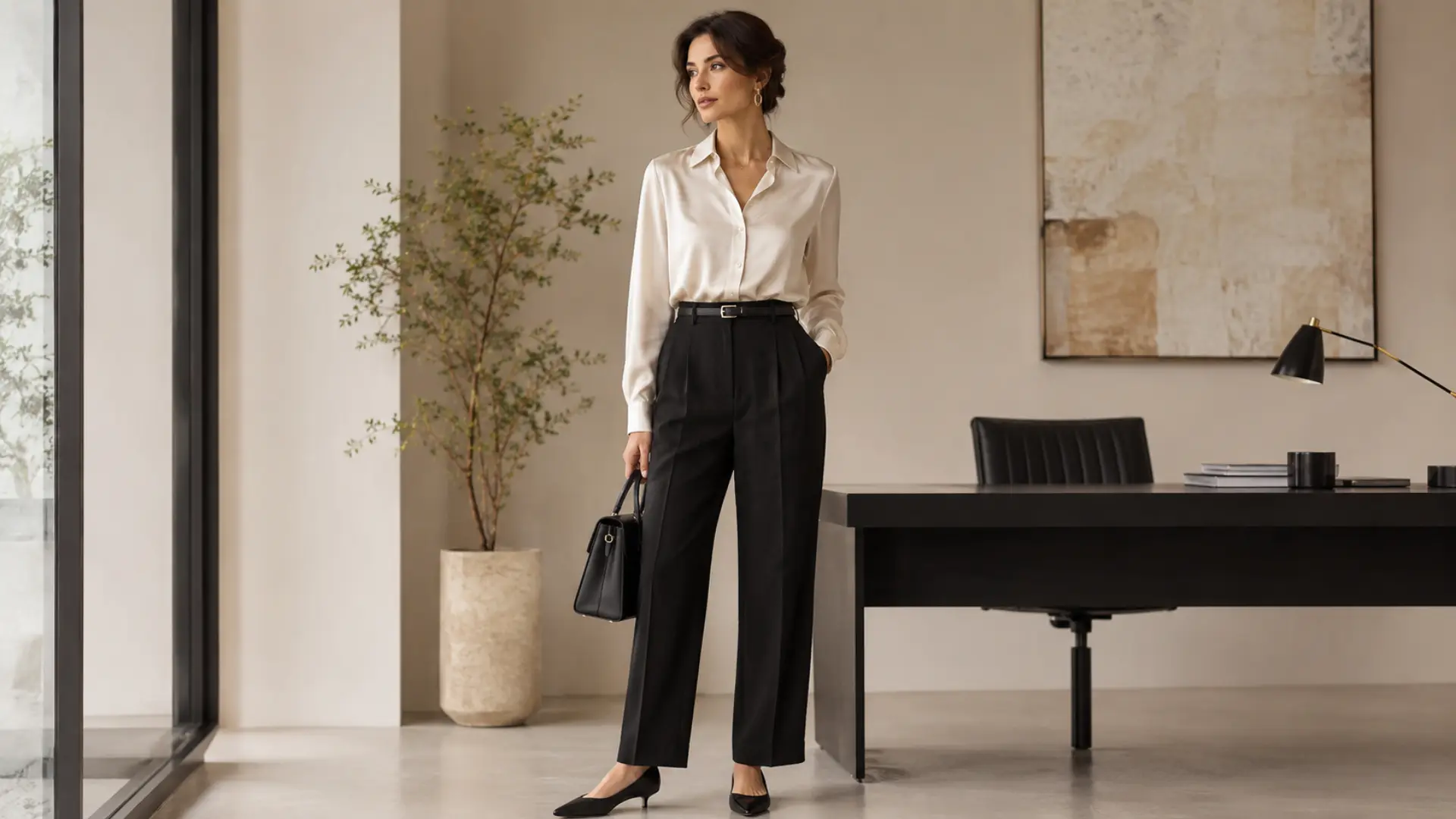 Woman in black linen pants, ivory satin blouse, kitten heels, and handbag in a modern office