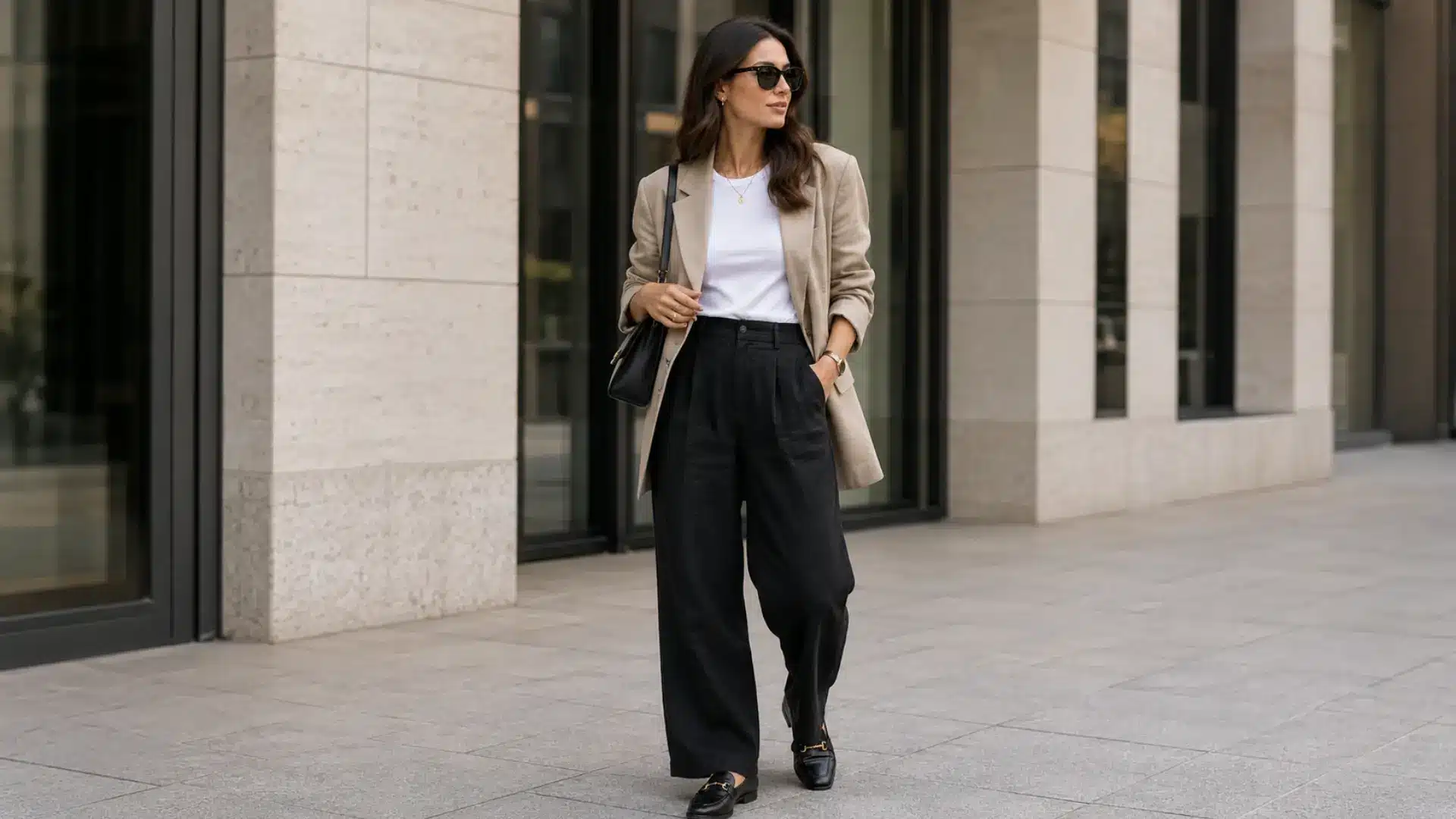 Woman in black linen pants, white tee, beige blazer, loafers, and shoulder bag on a city sidewalk