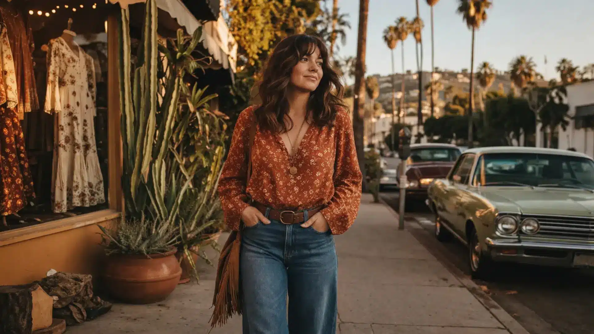 Woman in boho outfit walking past vintage cars and boutique shops on a street.