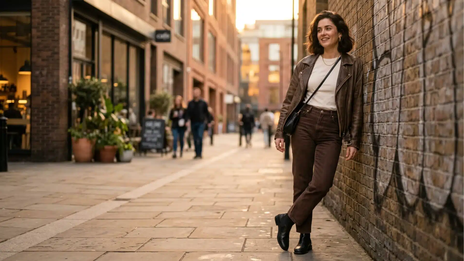 Woman in brown jeans and leather jacket posing on a city street during golden hour