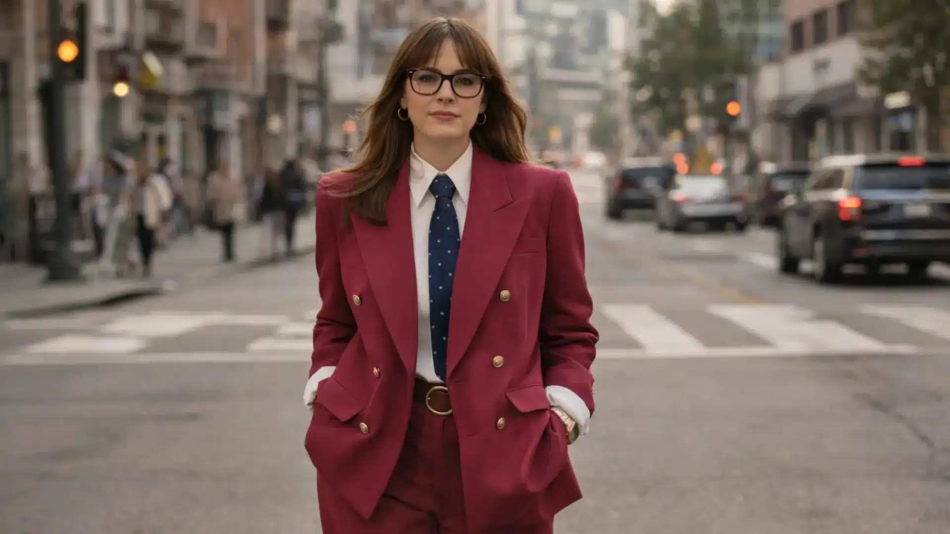 Woman in burgundy power suit and glasses walking through an urban downtown street.