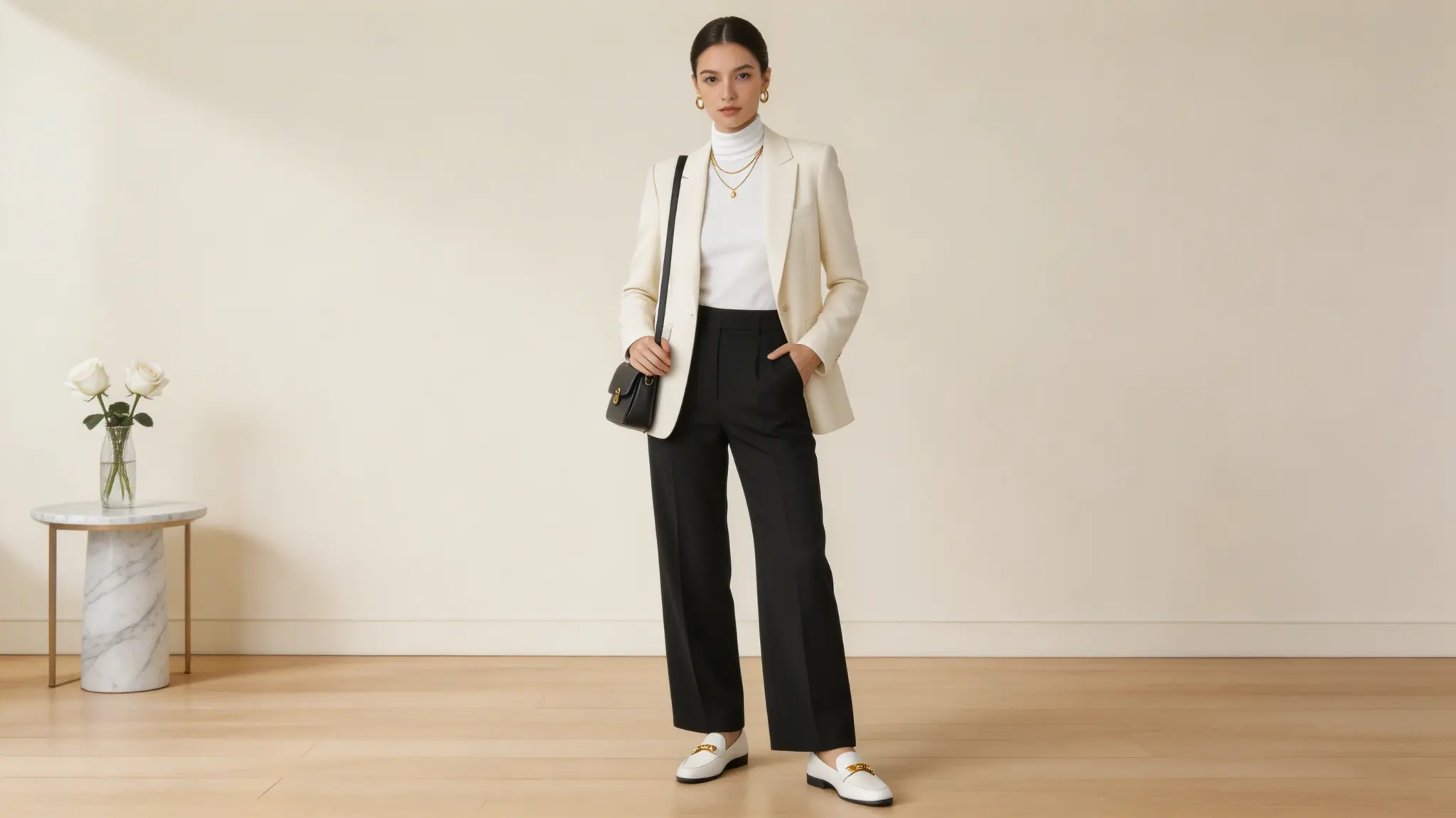 Woman in cream blazer white turtleneck and black trousers wearing white loafers and holding a black crossbody bag
