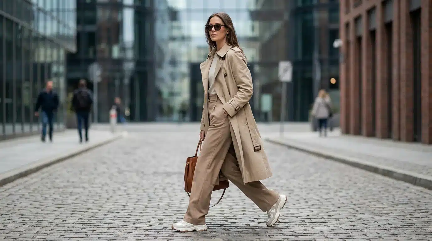 Woman in tan trench coat and trousers walking on cobblestone street wearing sunglasses and sneakers(2)