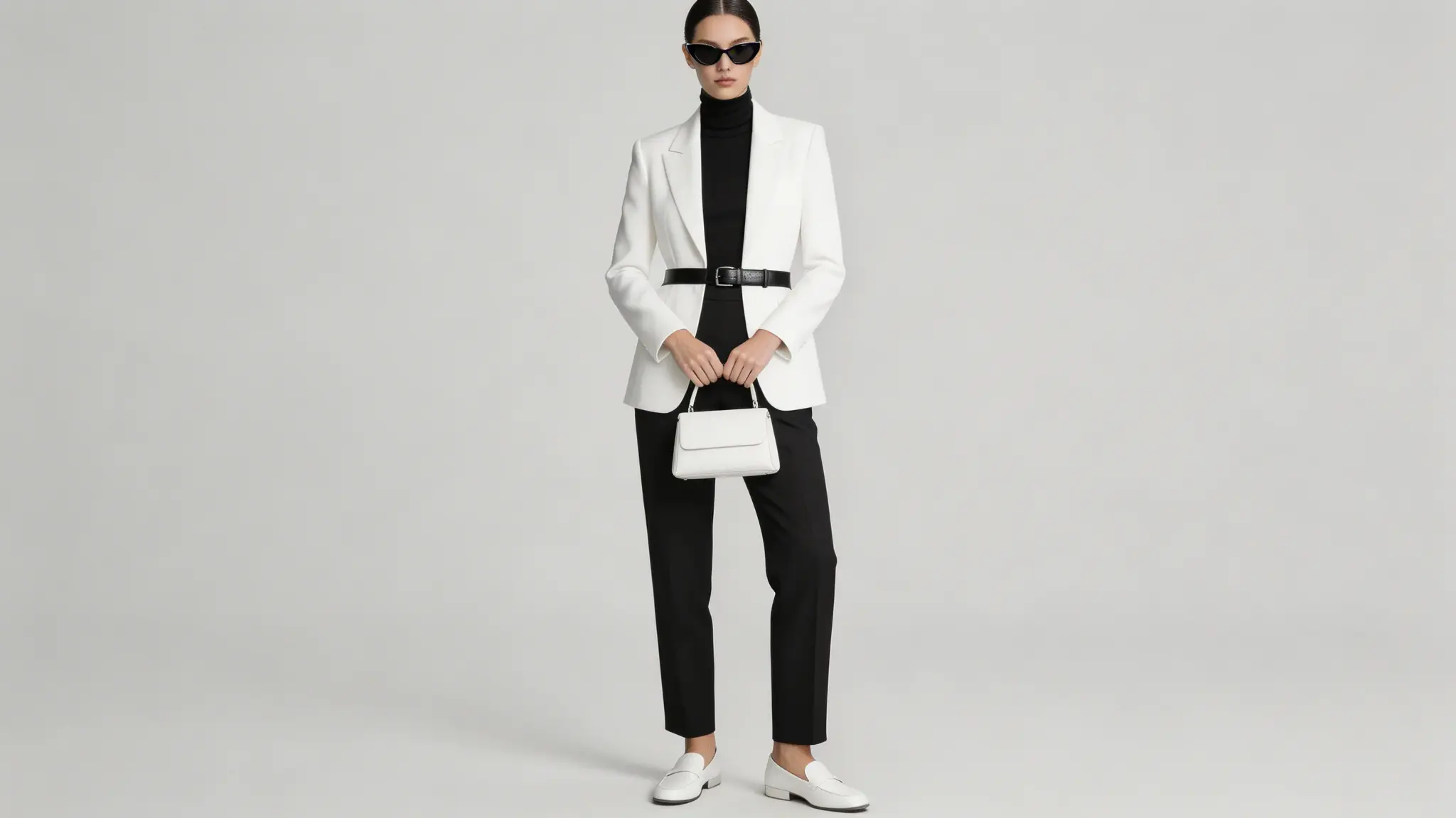 Woman in white blazer black turtleneck and black trousers with a black belt and white loafers against a gray background(1)