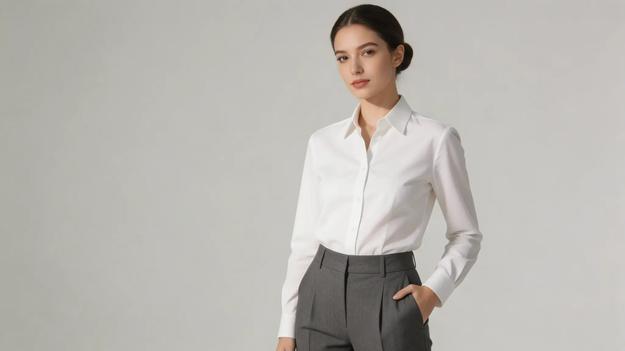 Woman in white button down shirt and gray trousers against a plain gray background