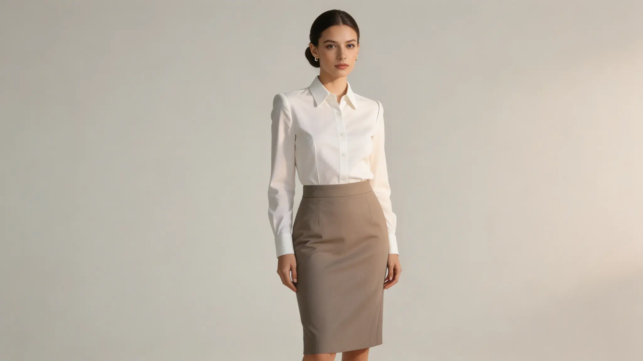 Woman in white shirt and tan pencil skirt against gray background