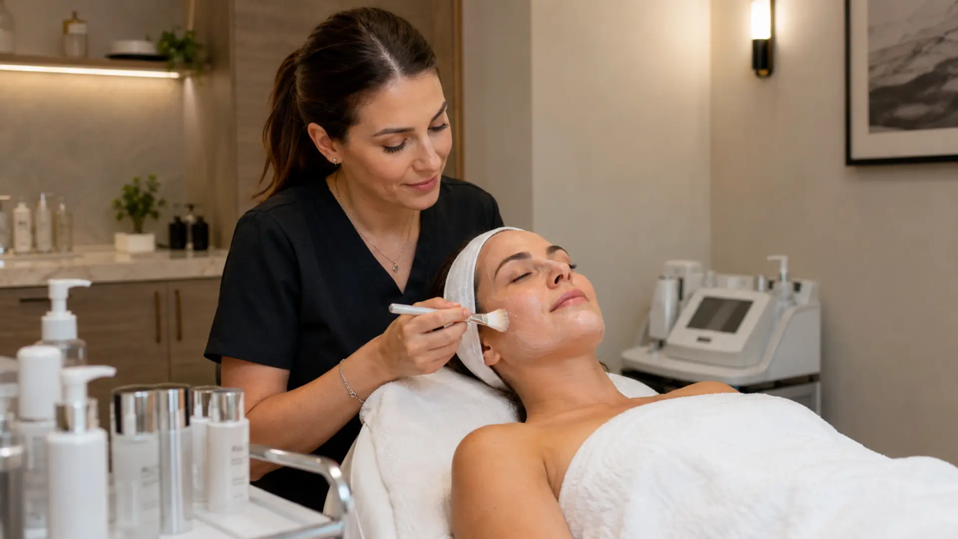 Woman receiving professional skin treatment for uneven skin tone at an esthetician clinic