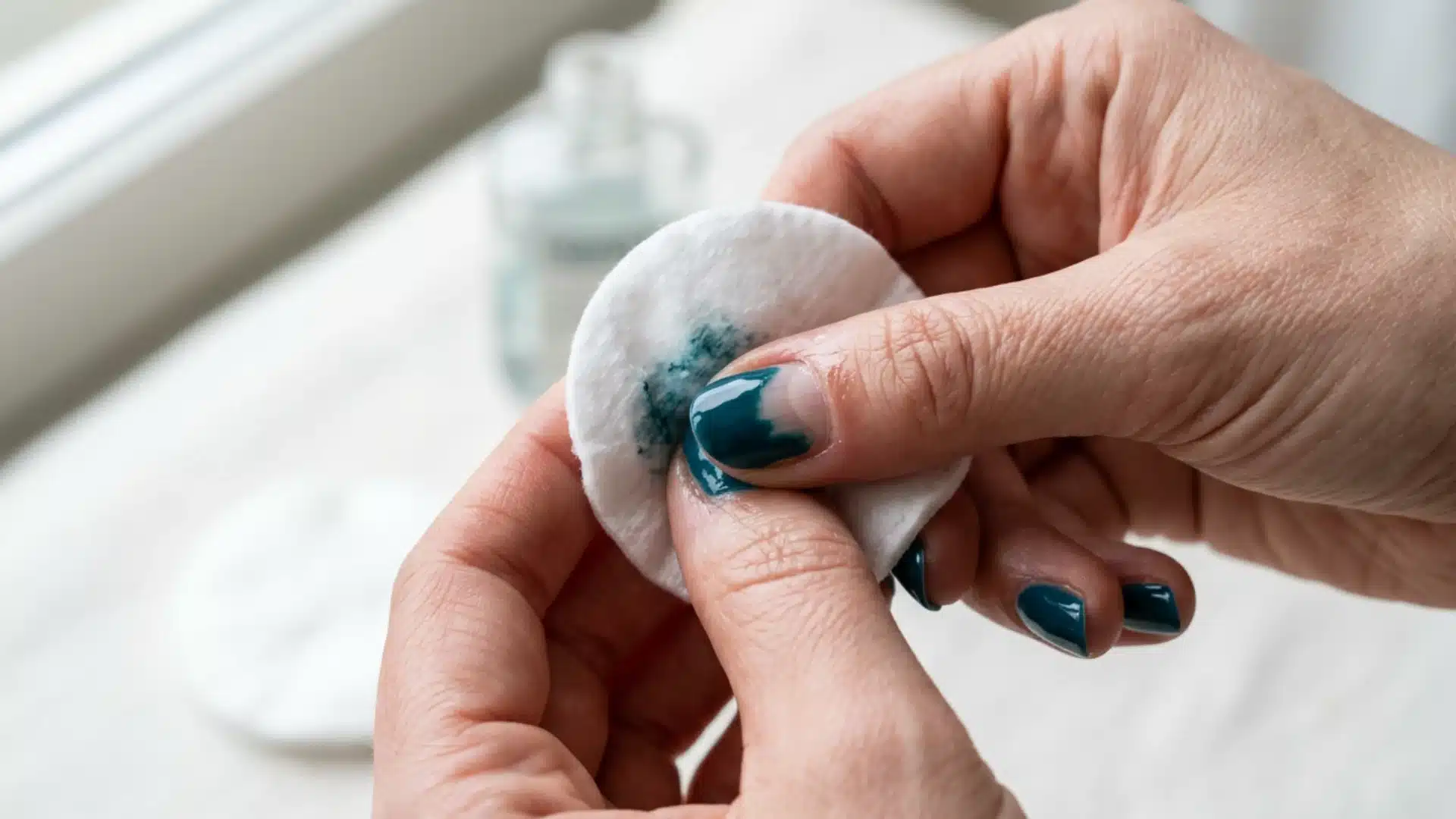 Woman removing teal nail polish from her thumbnail with a cotton pad stained by dissolved polish.059