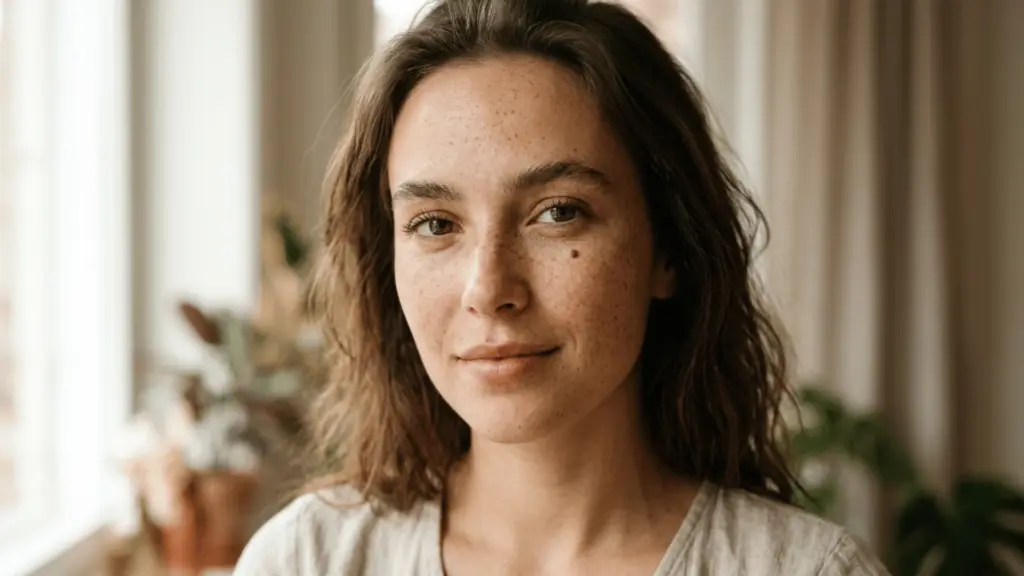 Woman's face showing freckles and a mole on cheek in soft natural light