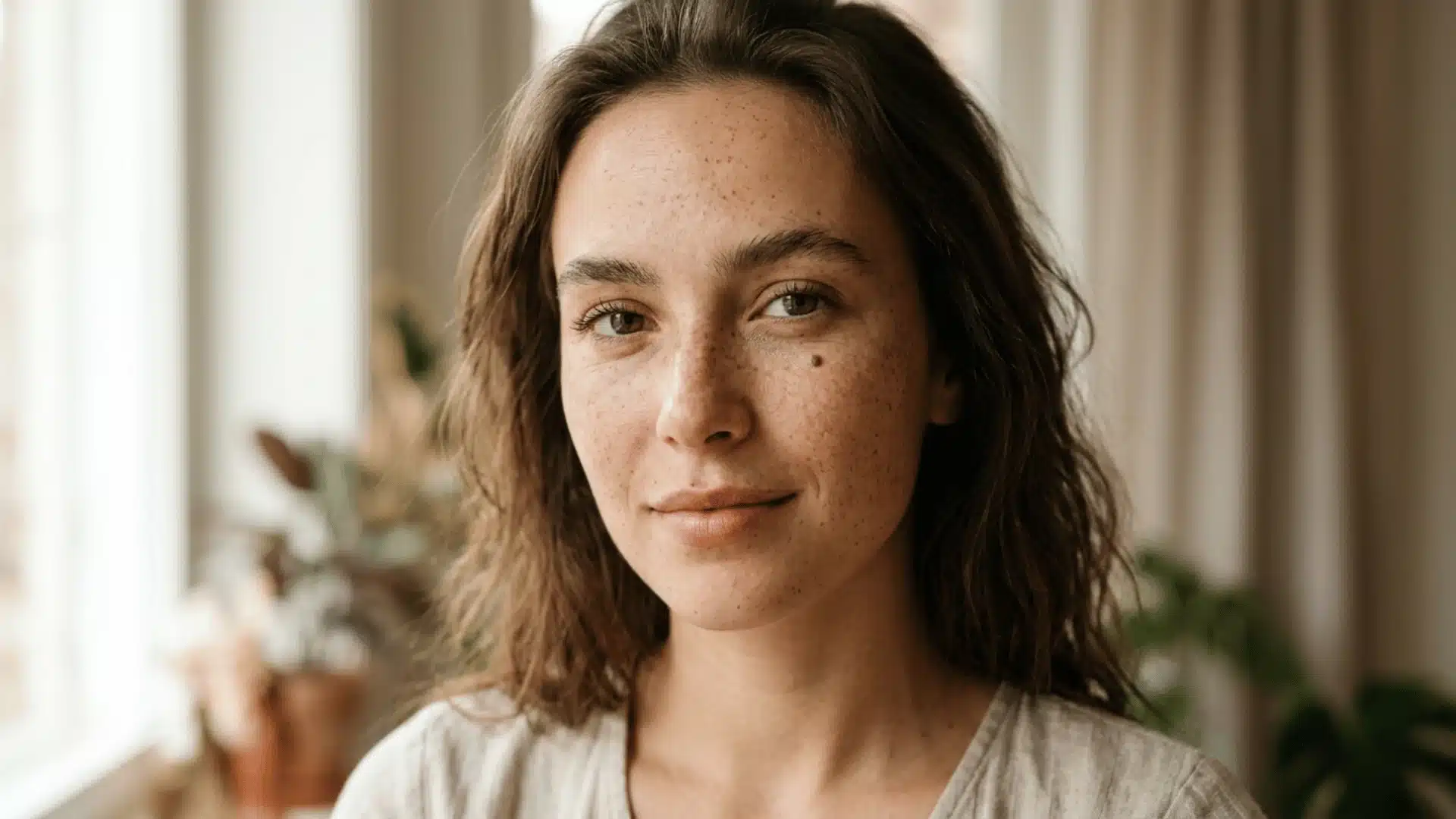 Woman's face showing freckles and a mole on cheek in soft natural light
