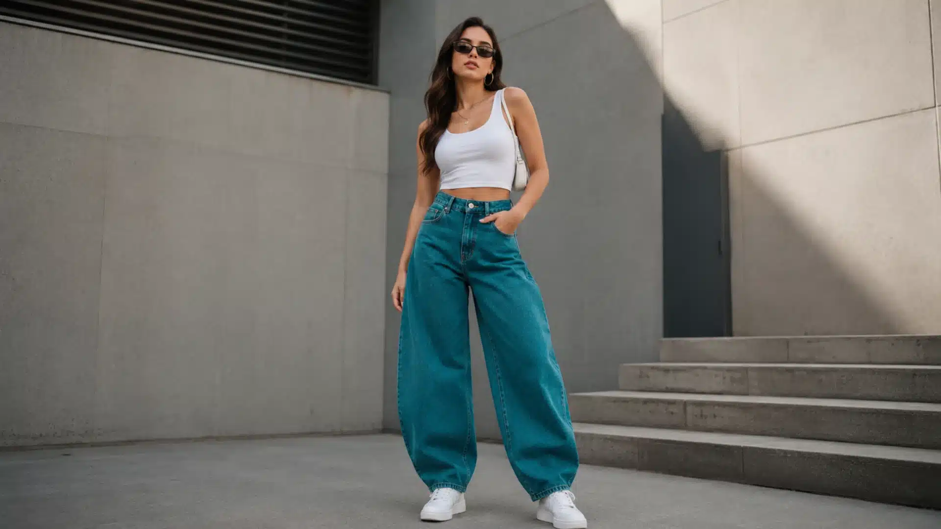 Woman wearing a white crop top, sunglasses, and teal barrel-leg jeans poses outdoors