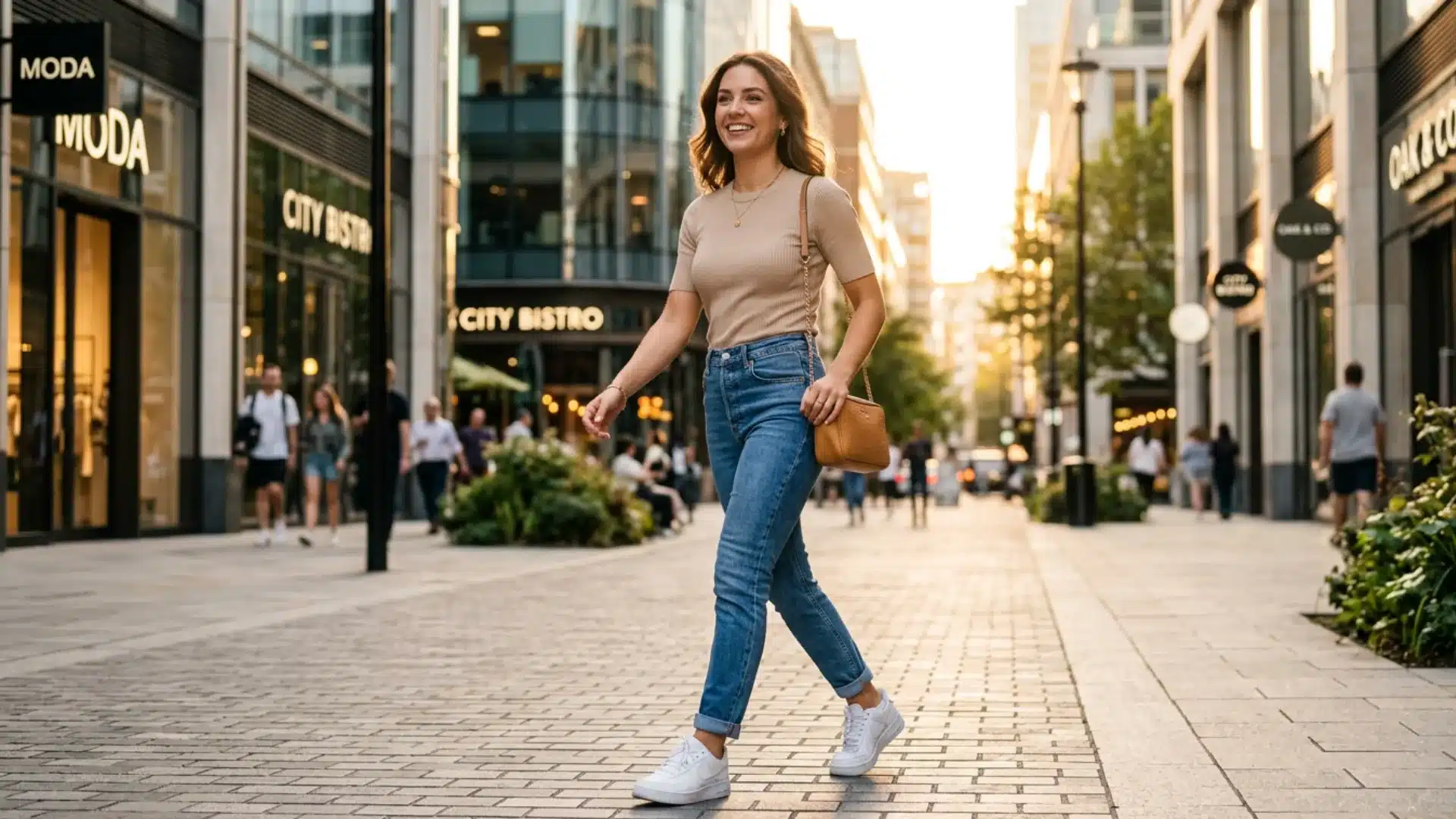 Woman wearing high waisted slim fit blue jeans and beige top walking through a modern city street at sunset.