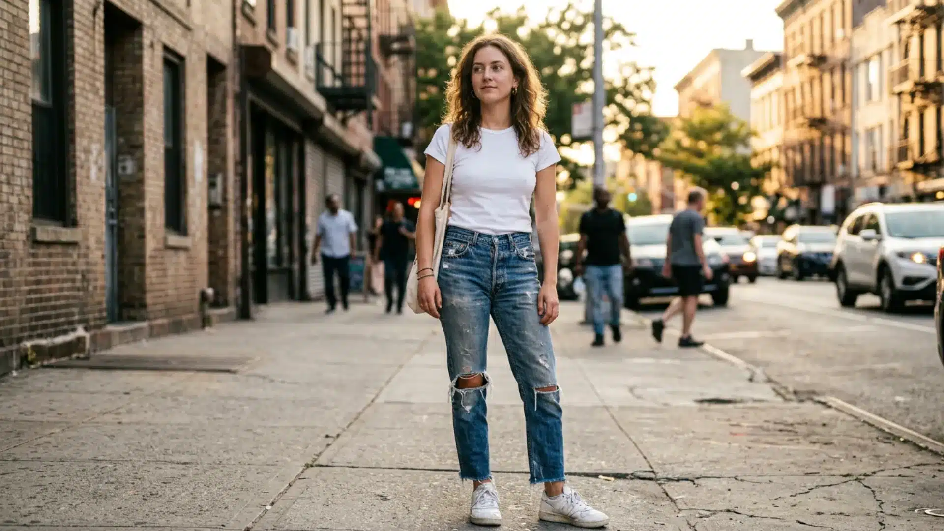 Woman wearing ripped blue jeans and white t shirt walking on a city street at sunset