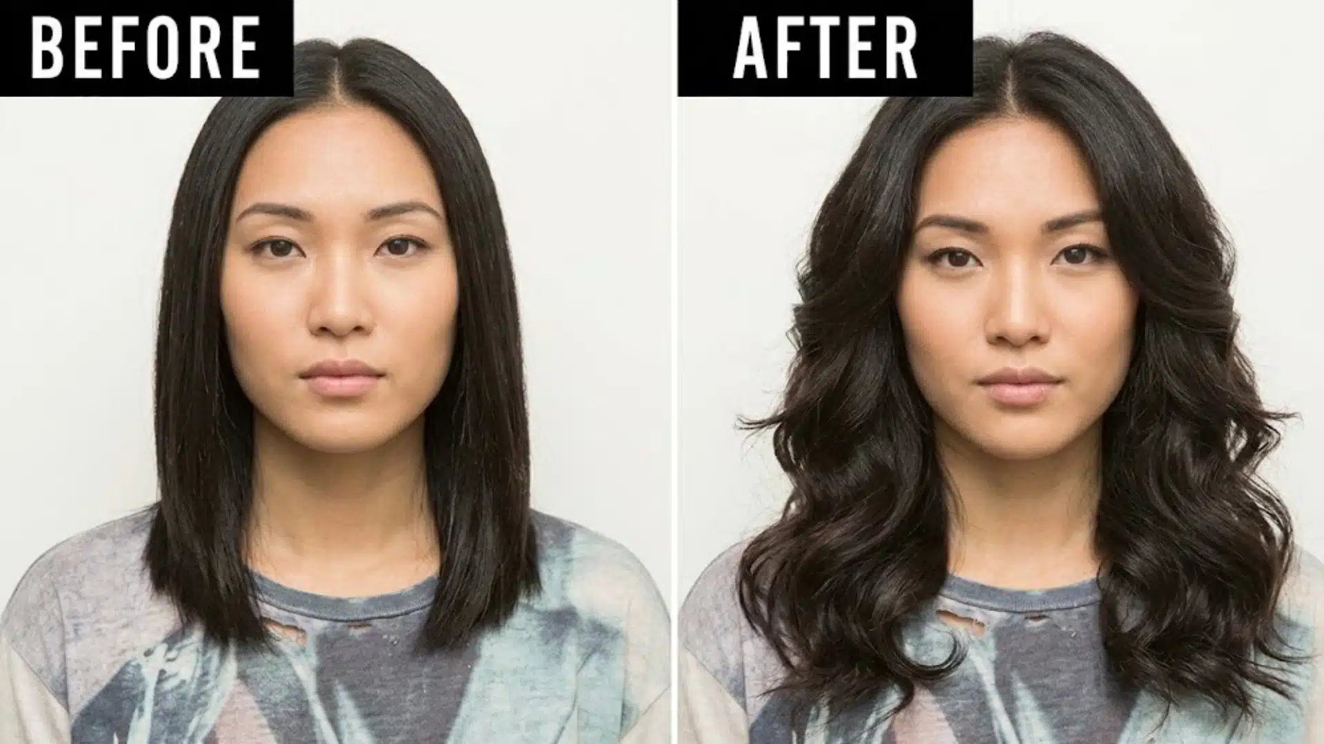 Woman with flat straight hair before and voluminous wavy hair after styling for a fuller look