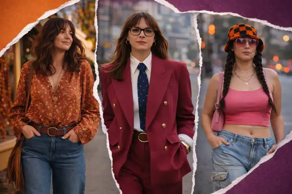 Women in 70s, 80s, and 90s Y2K outfits side by side, showing retro fashion trends across different eras in urban setting