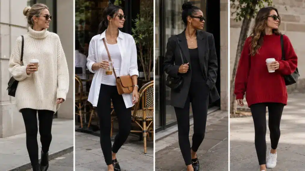Women styling black leggings with sweaters, blazers, and casual streetwear in editorial collage