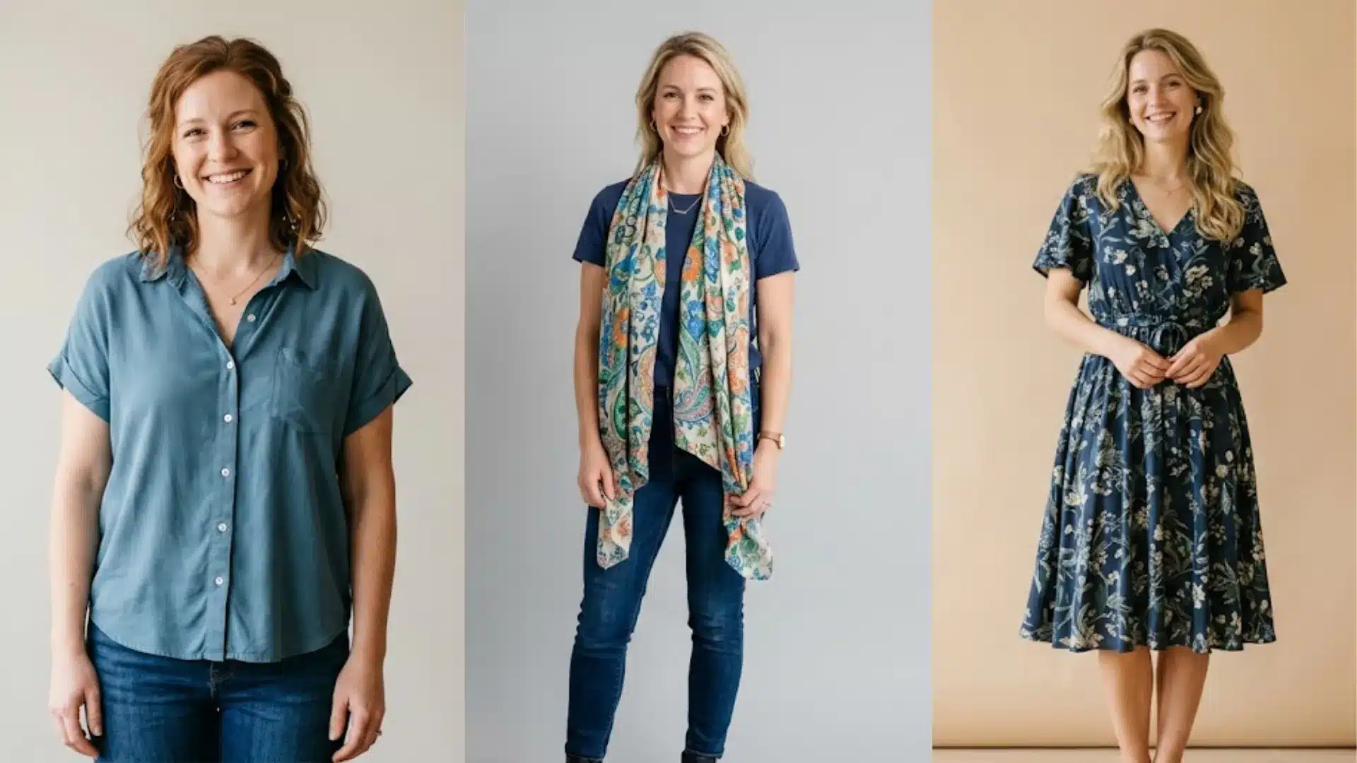 Women wearing soft and breathable viscose clothing including a shirt, scarf, and floral dress