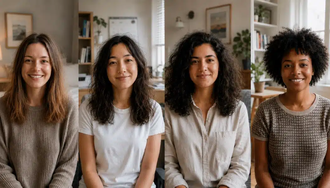Women with textured hair in cozy rooms showing realistic frizz, flyaways, and natural hair volume