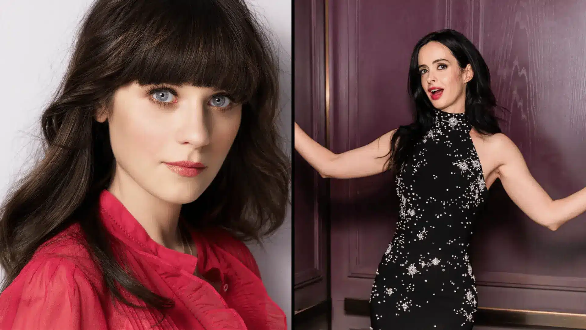 Women in black and red outfits showing high contrast true winter fashion and makeup styling