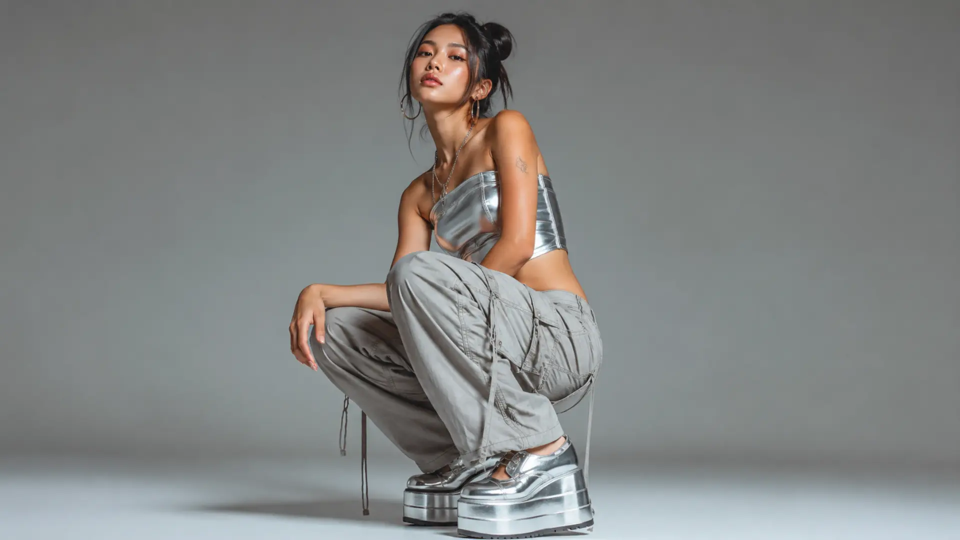 Y2K fashion model in metallic corset, gray cargo pants, and silver platform shoes against a gray studio backdrop