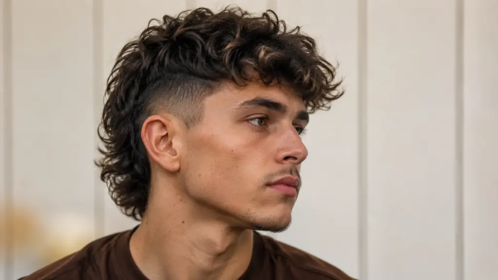 Young French man with curly mullet, faded sides, and brown shirt in a close-up side portrait indoors