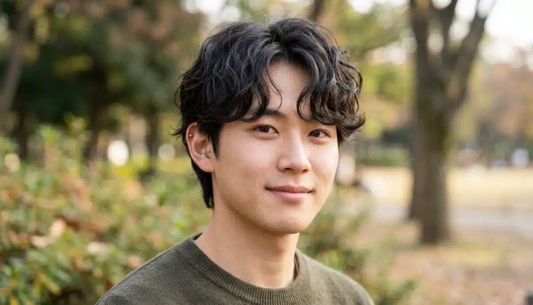 Young man with a loose wave perm in a sunlit park