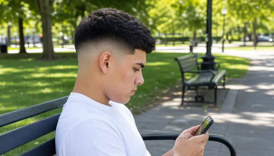 Young man with a skin fade sitting on a park bench, looking at his phone