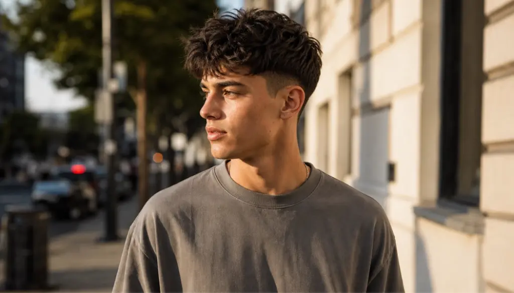 Young man with a textured crop and faded sides walking down a sunlit city street