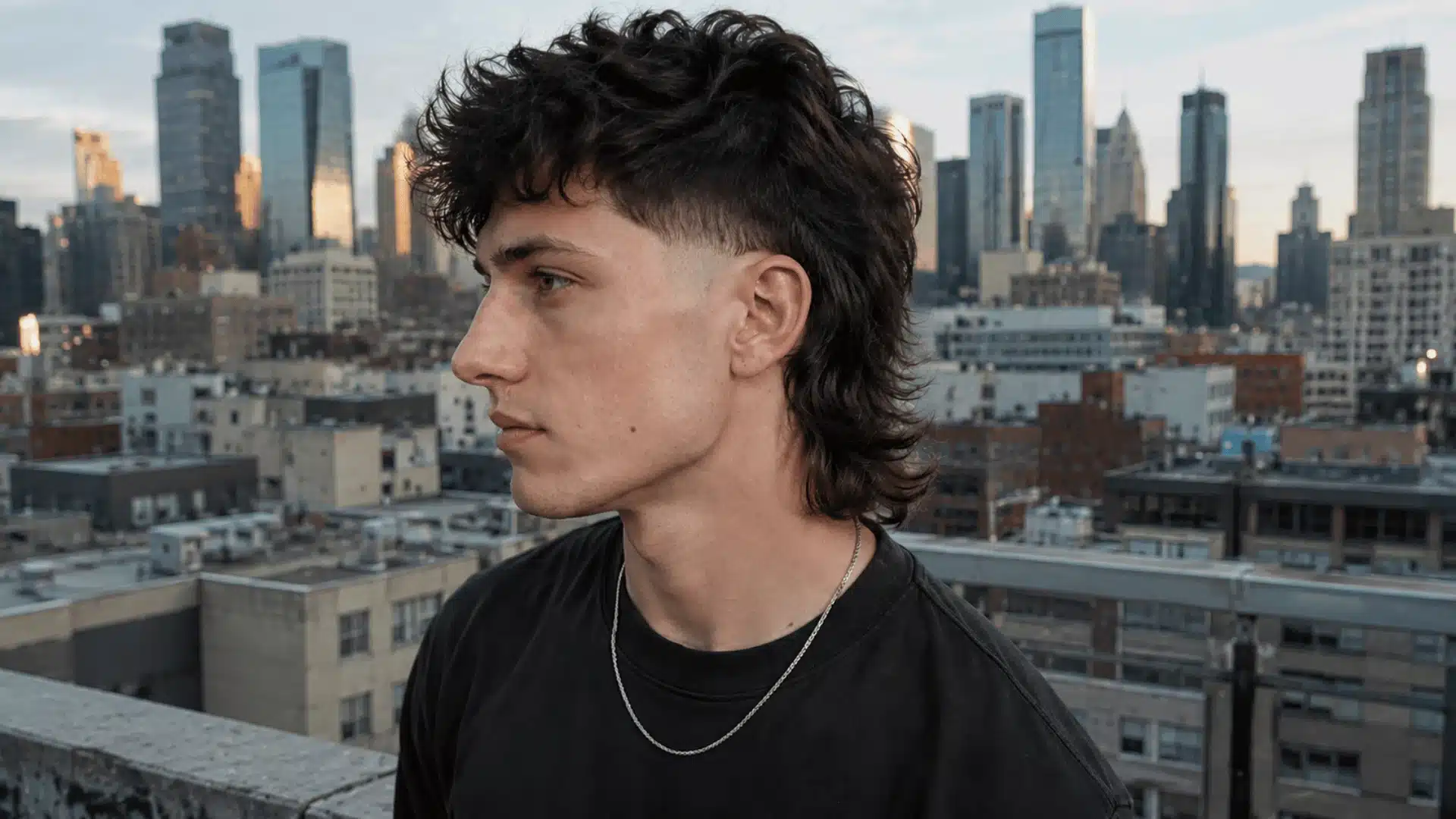 Young man with a wolf cut skin-fade mullet on a rooftop, city skyline in natural light