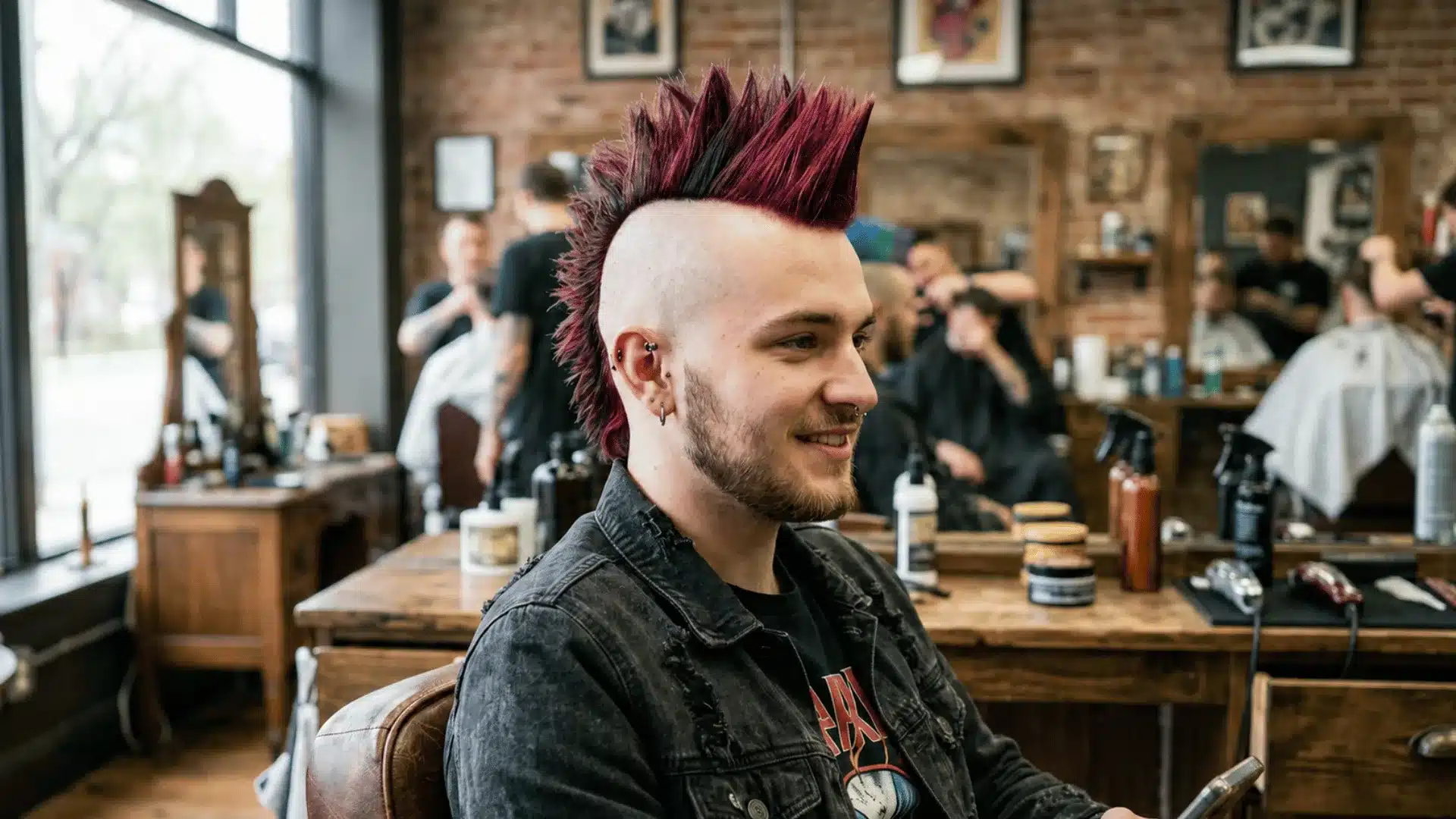Young man with burgundy colored spiked mohawk, shaved sides