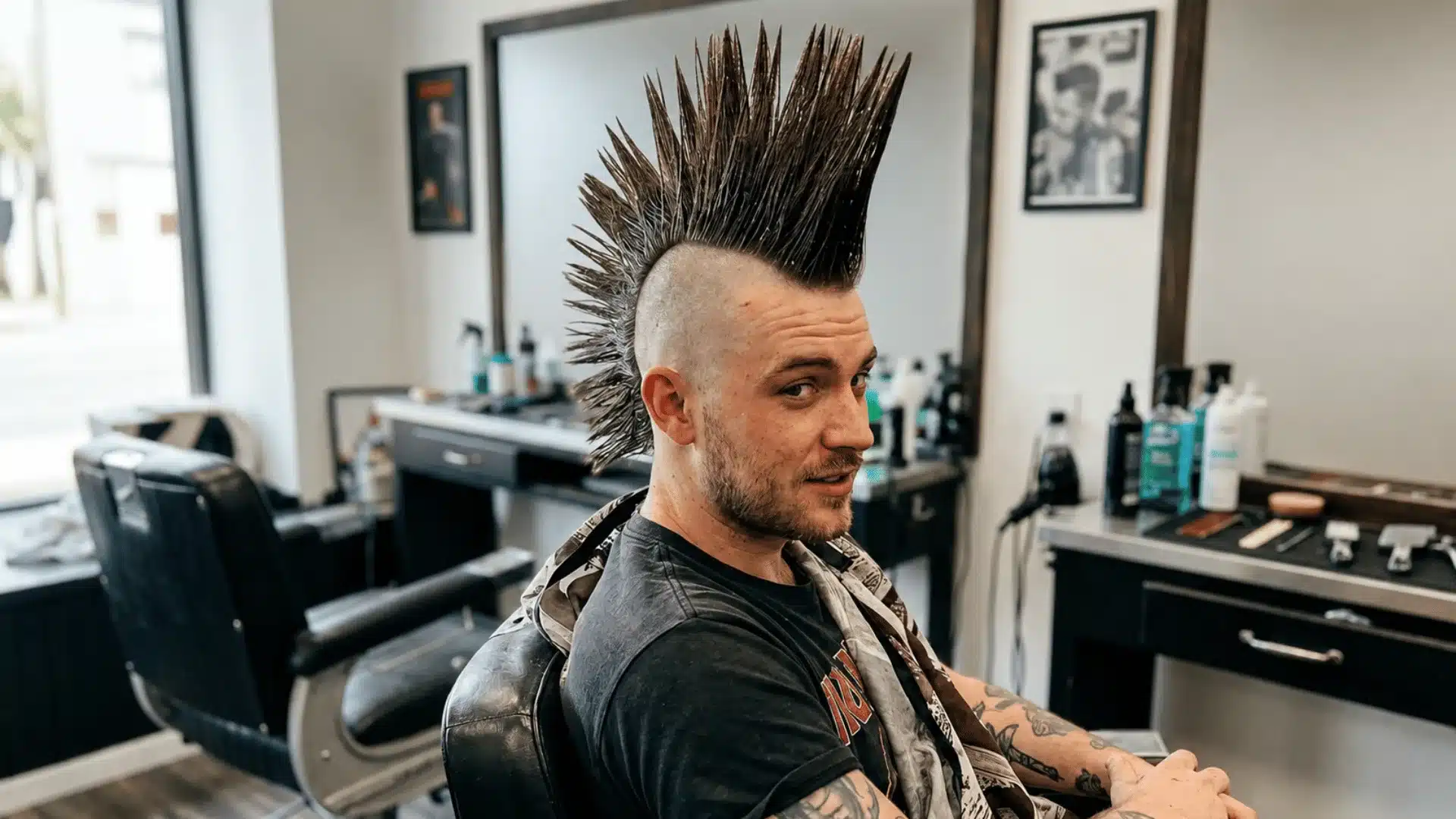 Young man with classic spiked punk mohawk in barbershop, sharp upright spikes
