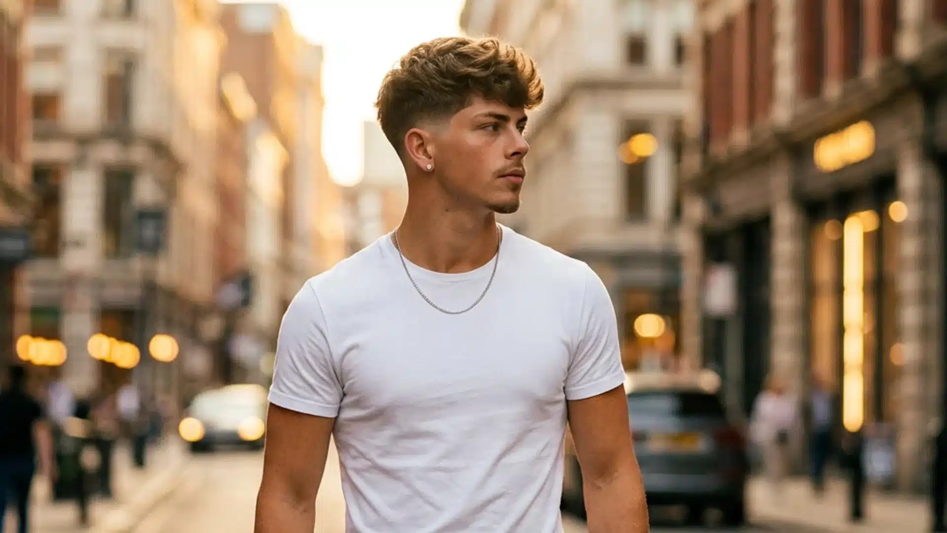 Young man with disconnected undercut textured top walking on urban street in white t-shirt, golden hour