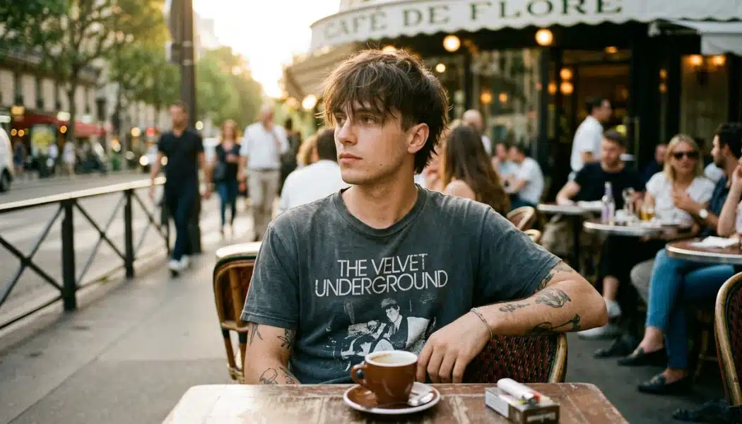 Young man with messy fringe at a Paris café