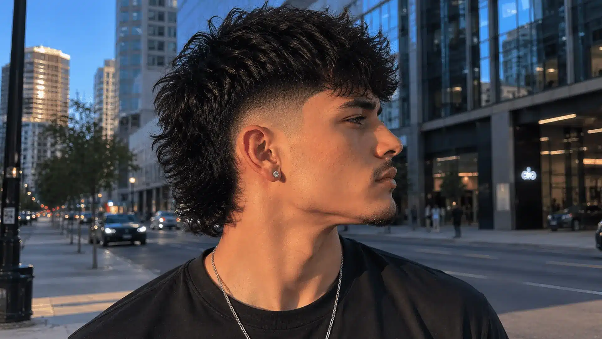 Young man with mid-skin fade mullet in a sunlit modern city street