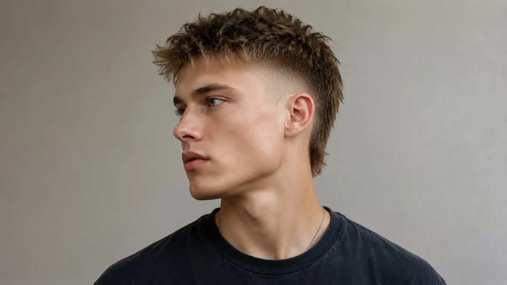 Young man with short mullet fade haircut and textured hair in clean side profile portrait