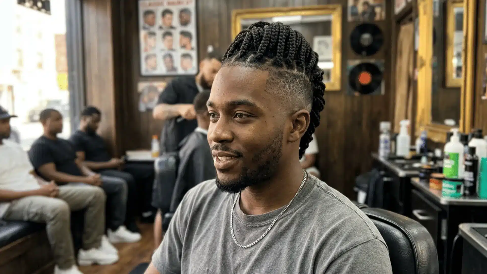Young man with stylish box braid mohawk and faded sides