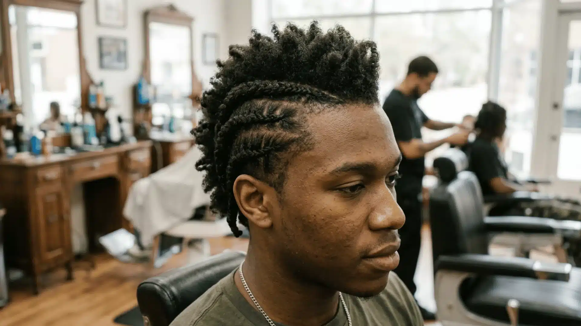 Young man with textured flat twist mohawk, natural protective style