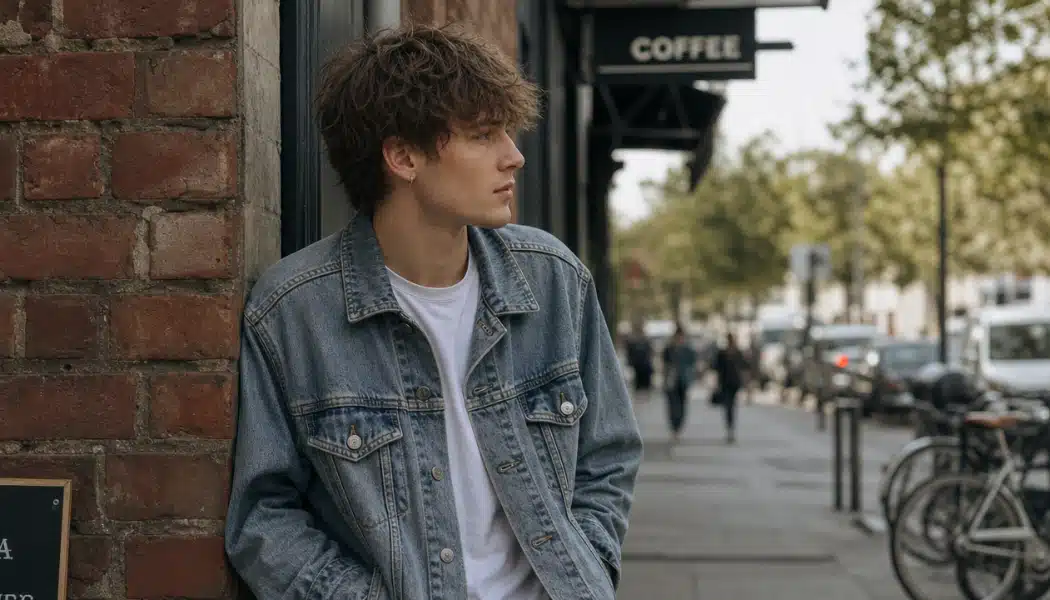 Young man with textured mid-length hair leaning against a brick wall outside a coffee shop