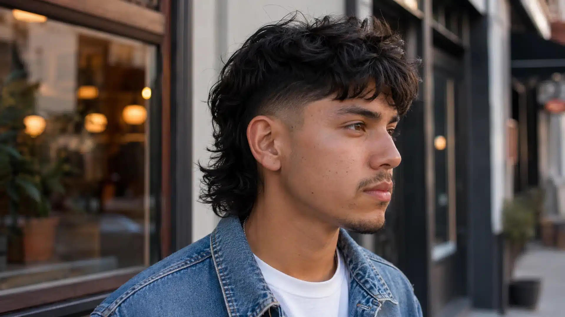 Young man with textured mullet haircut and faded sides standing outside a cafe in casual denim outfit