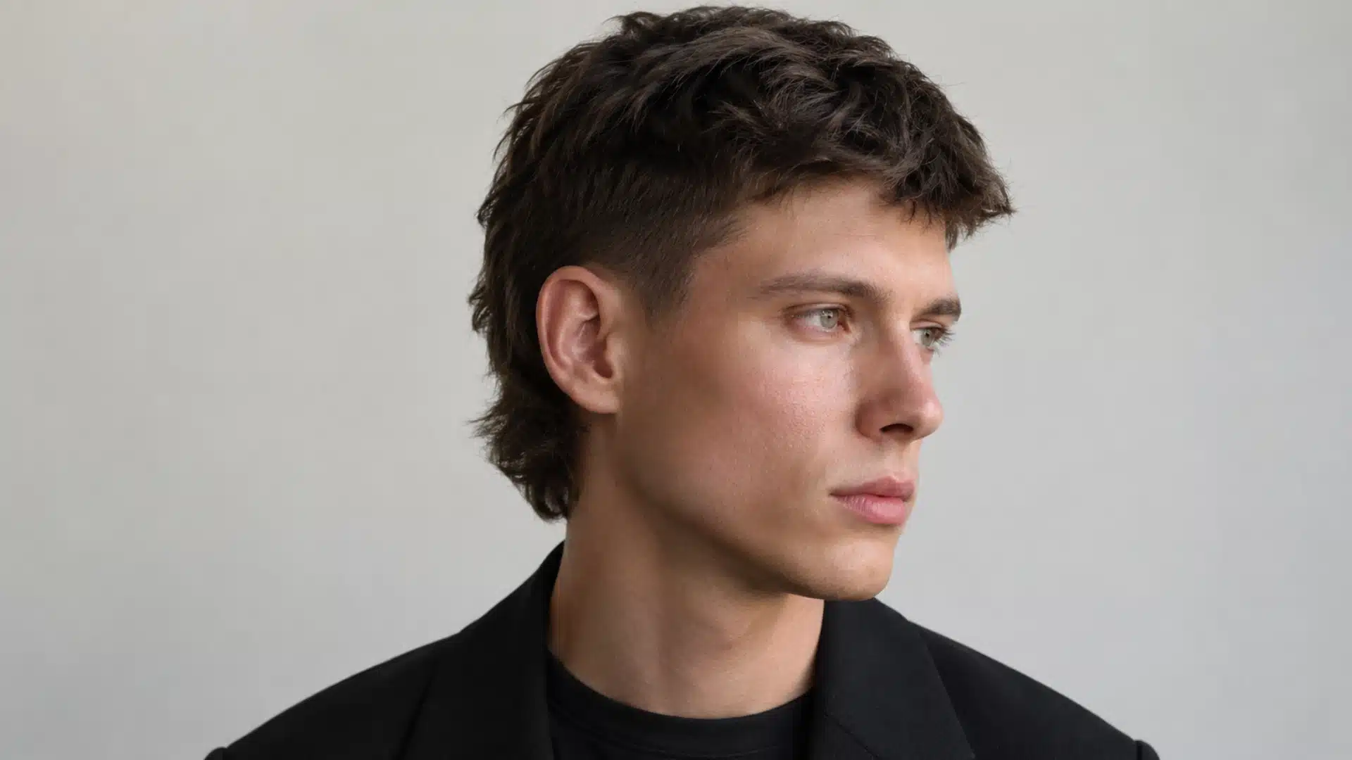 Young man with textured mullet haircut in black blazer looking sideways against neutral background