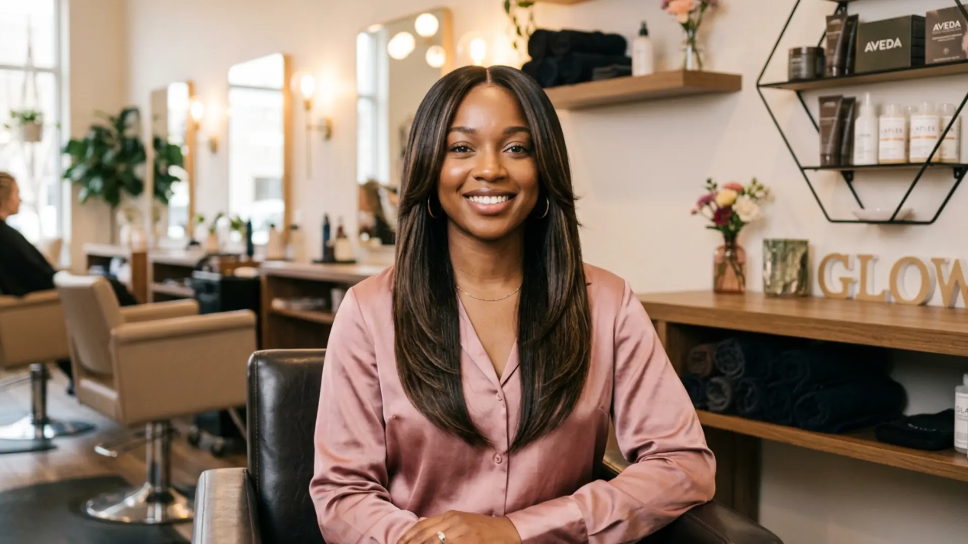 Young woman with straight sew-in and face-framing layers, smiling in a cozy salon, satin shirt