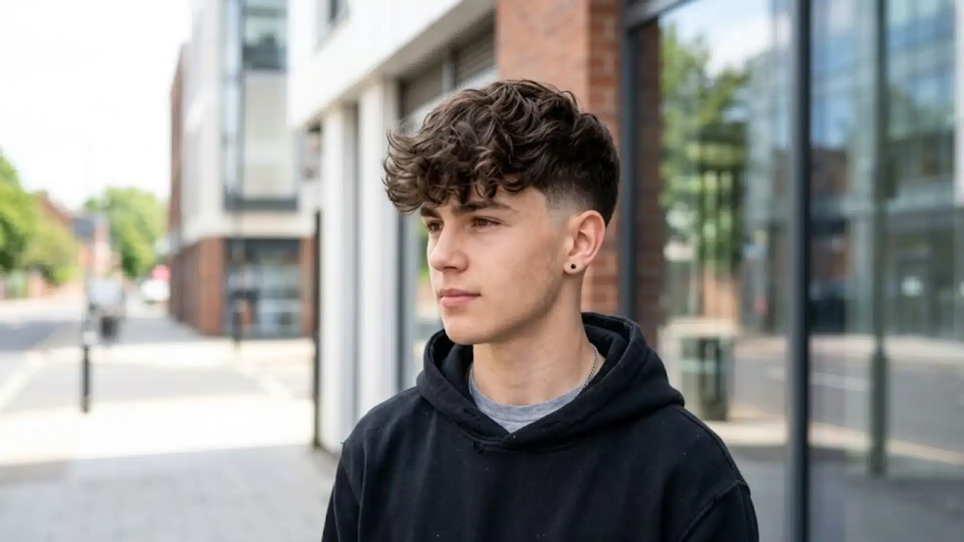 Young man with a curly textured crop haircut and a skin fade, wearing a black hoodie on a city street