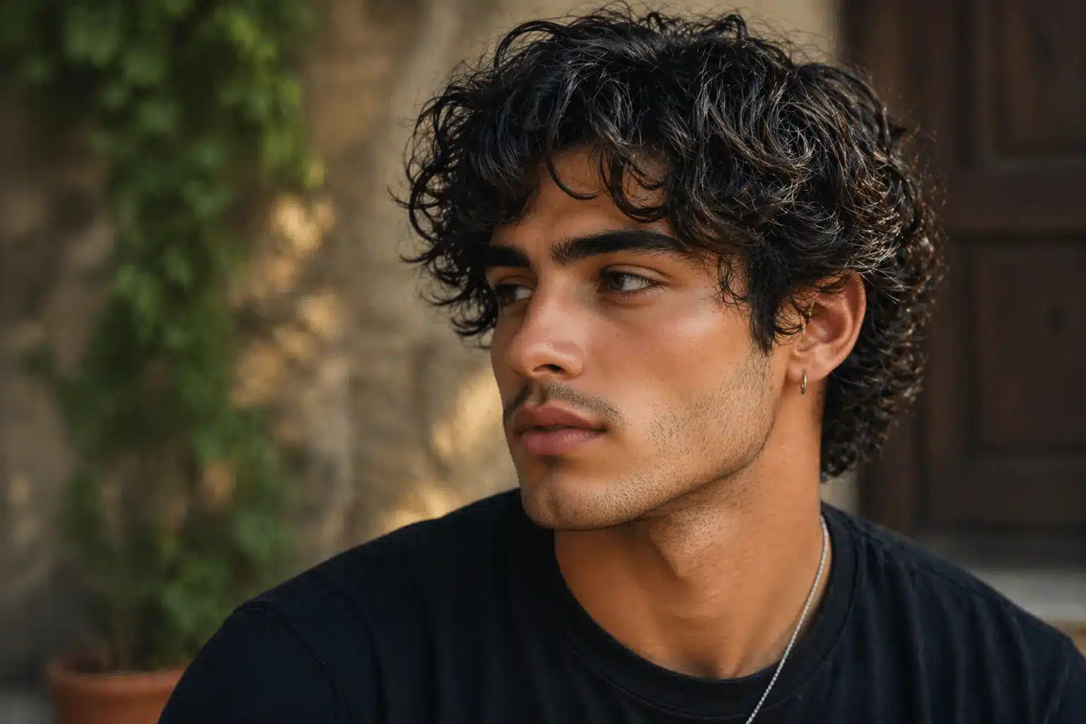 Young man with dark curly hair and stubble wearing a black t shirt looking away from the camera