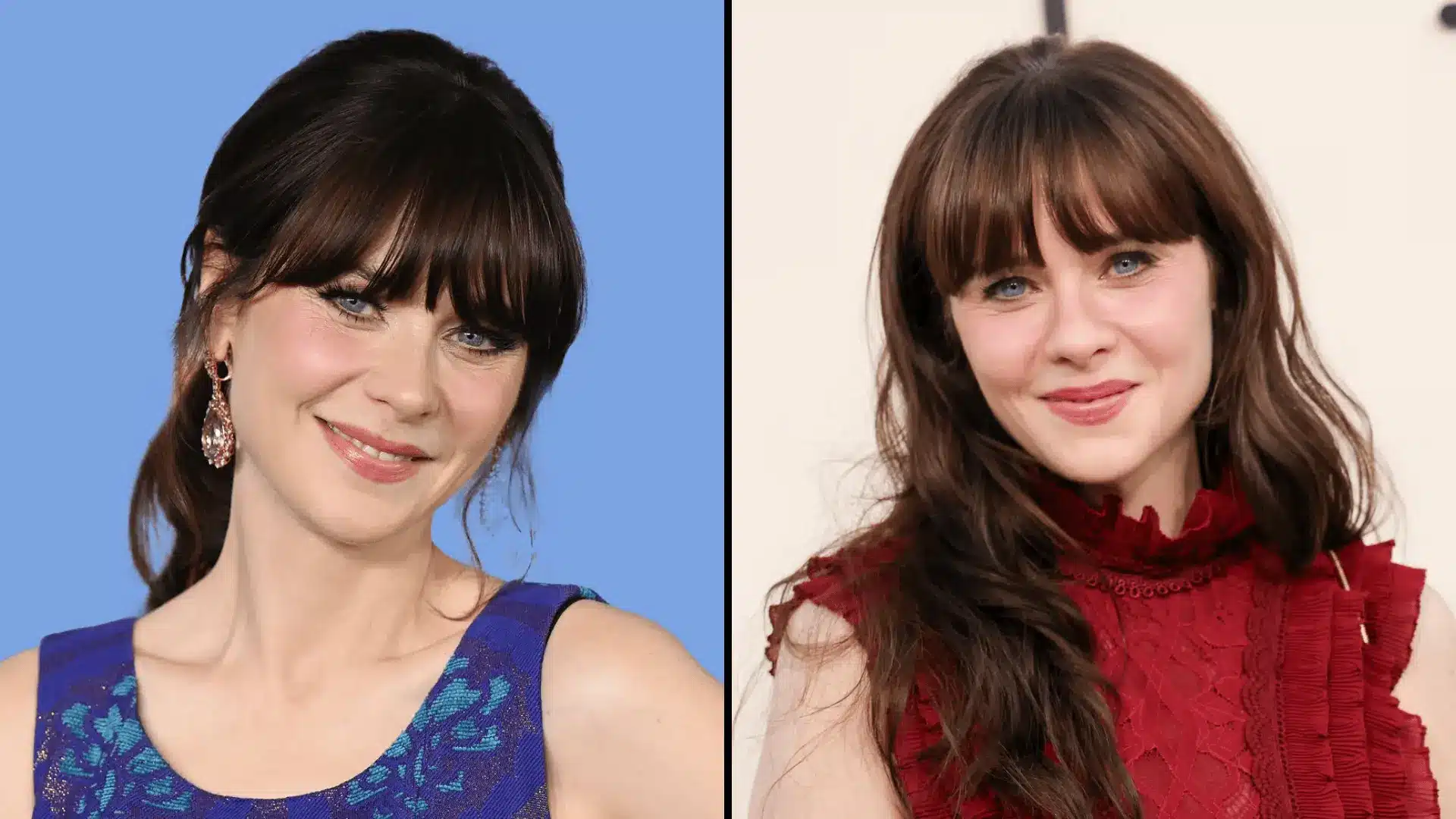 Zooey Deschanel with bangs in cool toned outfits showing clear eyes and true winter contrast