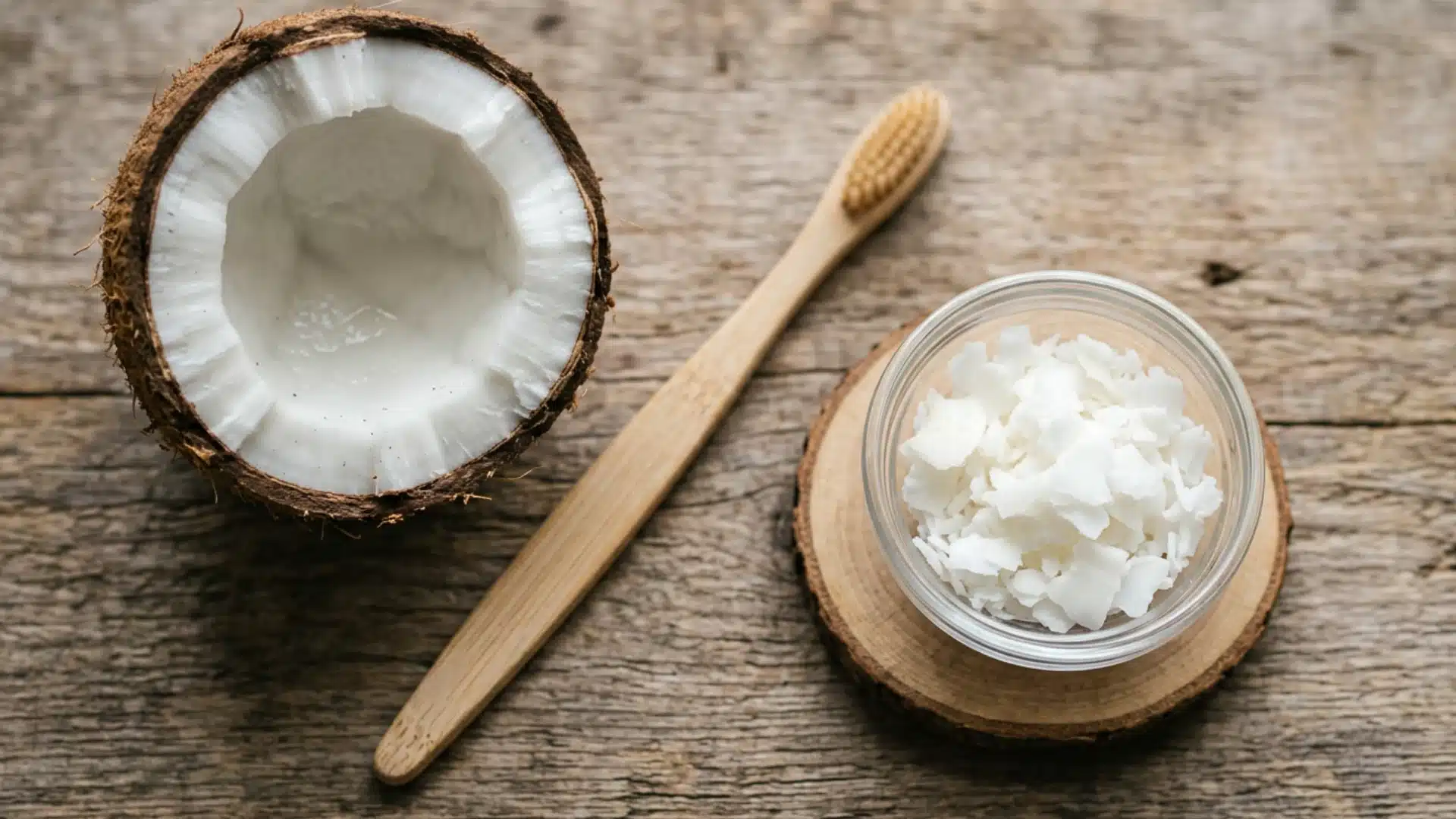A bamboo toothbrush, an open half coconut, and white coconut oil flakes in a bowl on a wooden surface