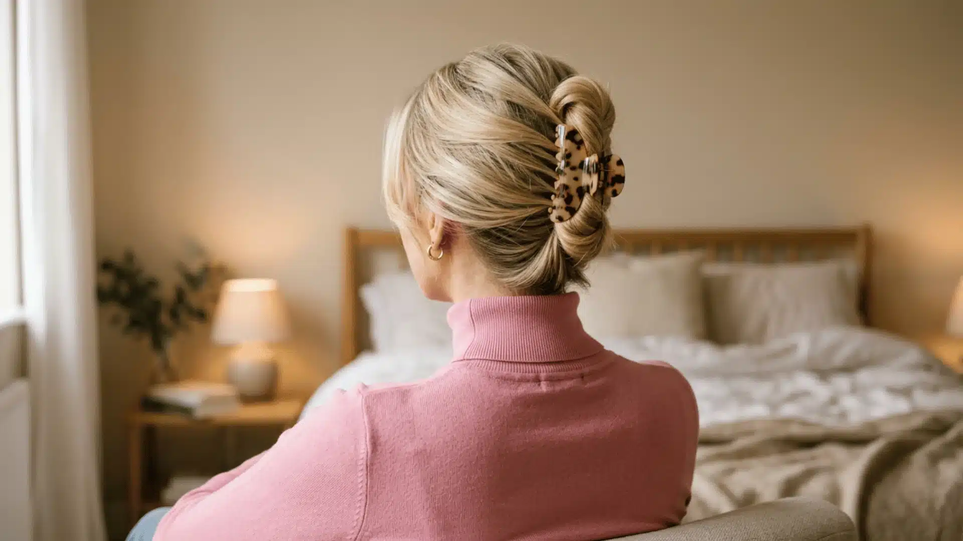 A blonde woman wearing a pink turtleneck has her hair styled upward with a tortoiseshell claw clip
