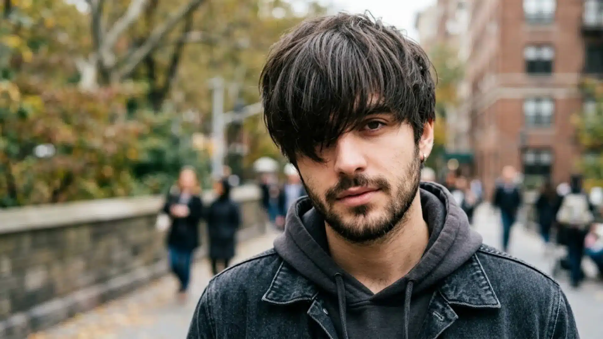 A close-up of a serious young man with a mid fringe haircut sitting in a busy cafe