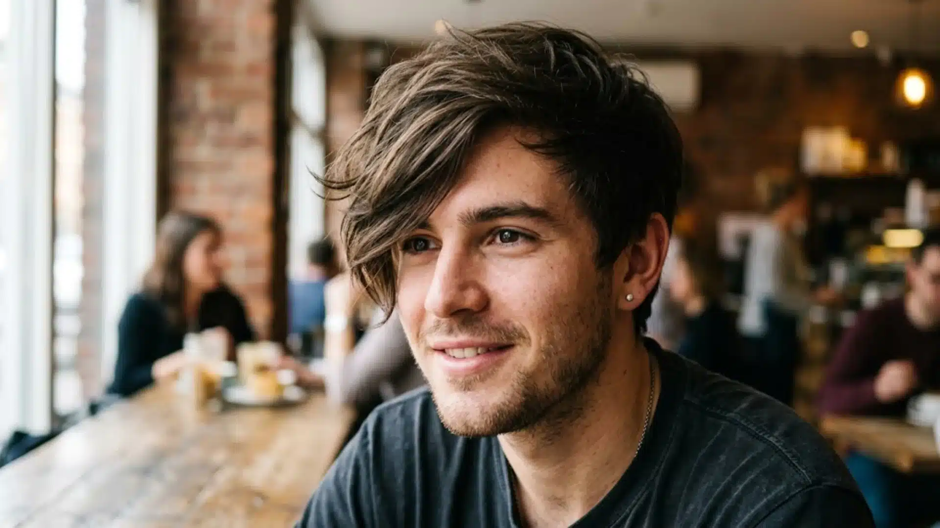 A close-up of a smiling young man with a side-swept fringe haircut sitting in a busy cafe