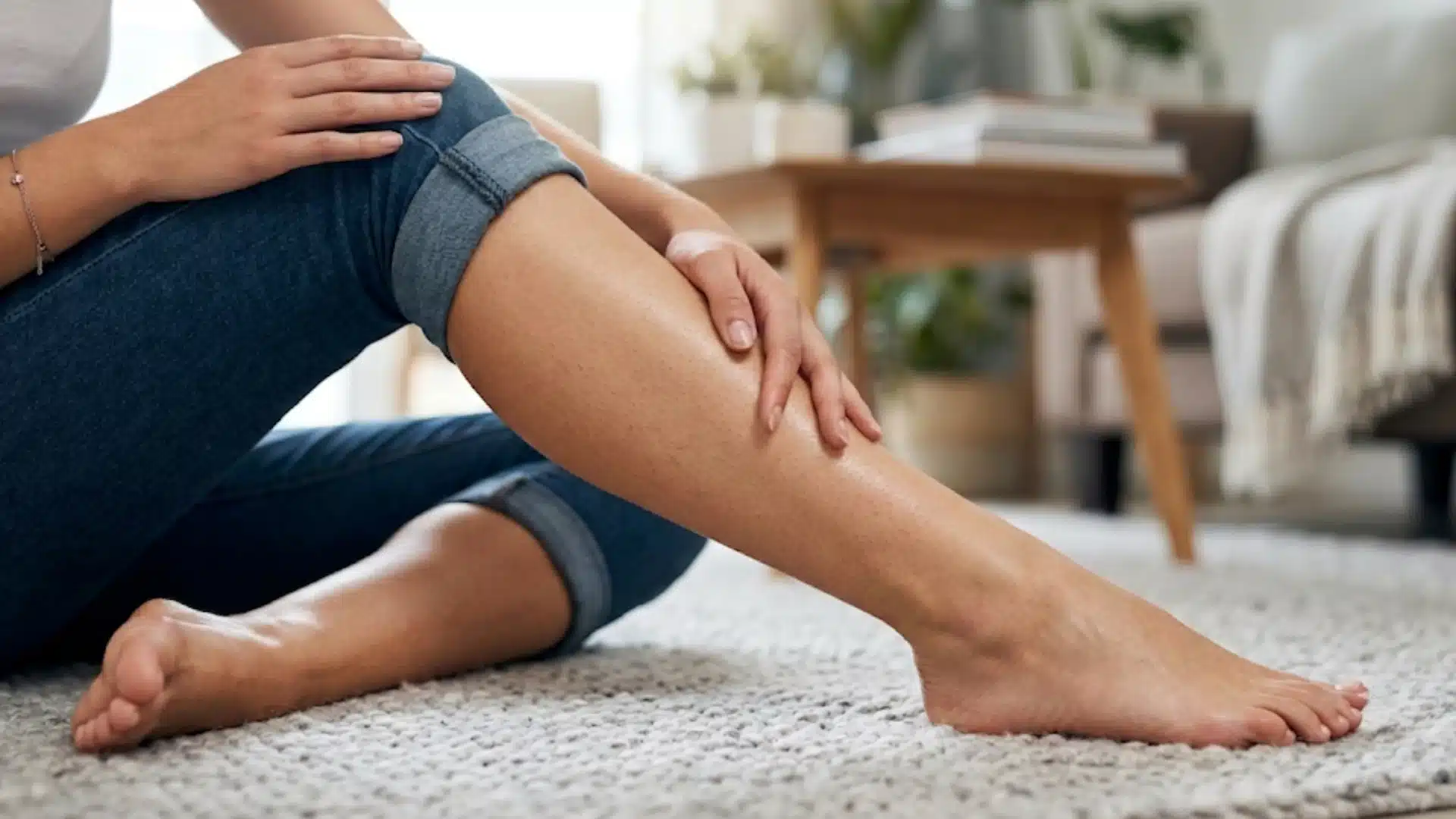 A close-up shot of a woman's legs and bare feet while she sits on a rug in blue jeans, gently touching her shin